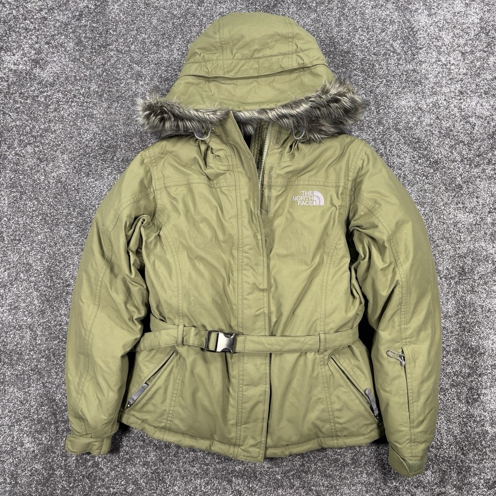 The North Face 550 Goose Down Parka Jacket Size Medium Green Faux Fur Hood Belt